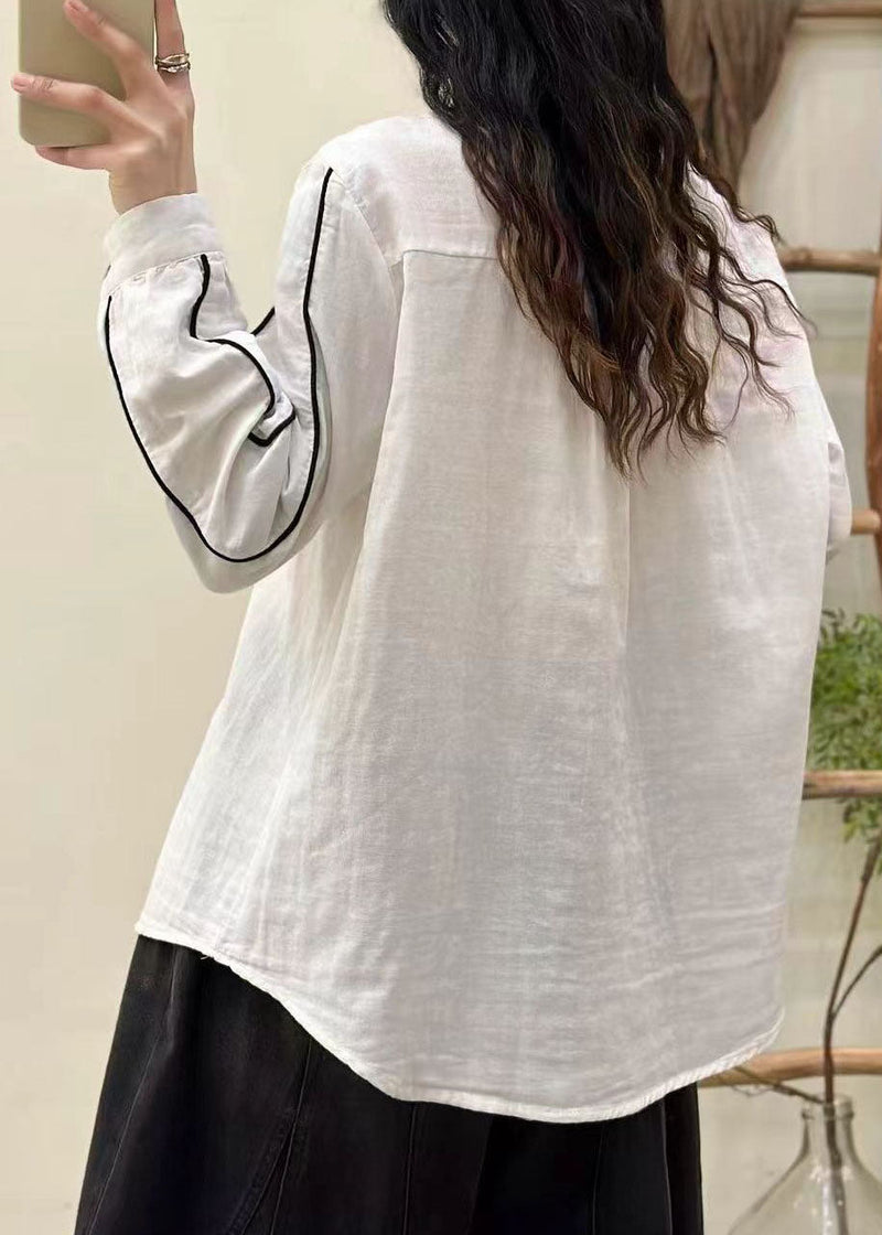 White Stand Collar Button Cotton Blouses Spring