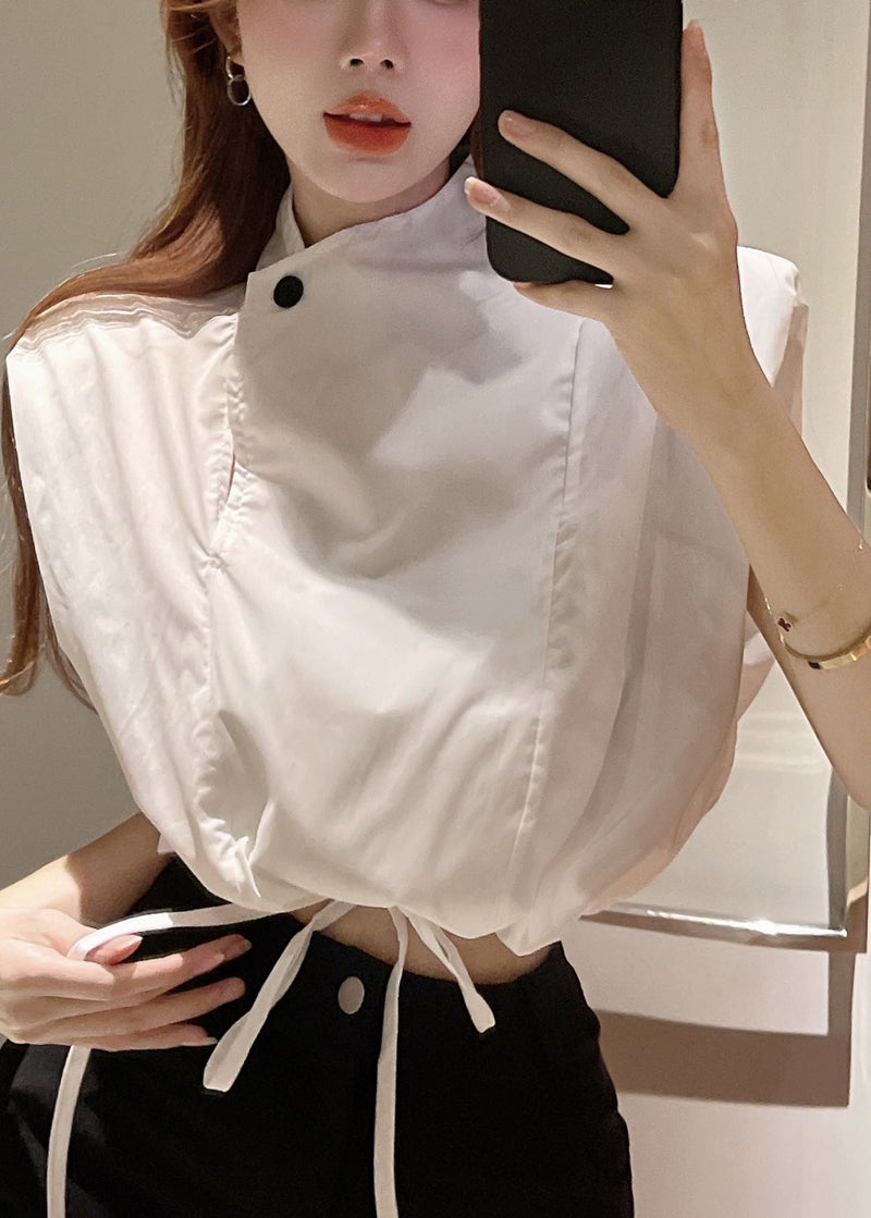 White Stand Collar Drawstring Cotton Blouse Top Sleeveless