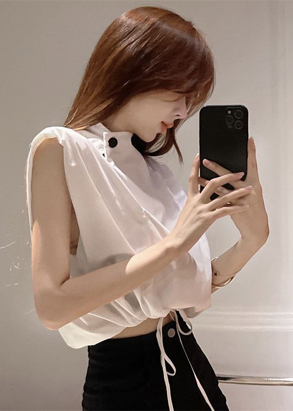 White Stand Collar Drawstring Cotton Blouse Top Sleeveless