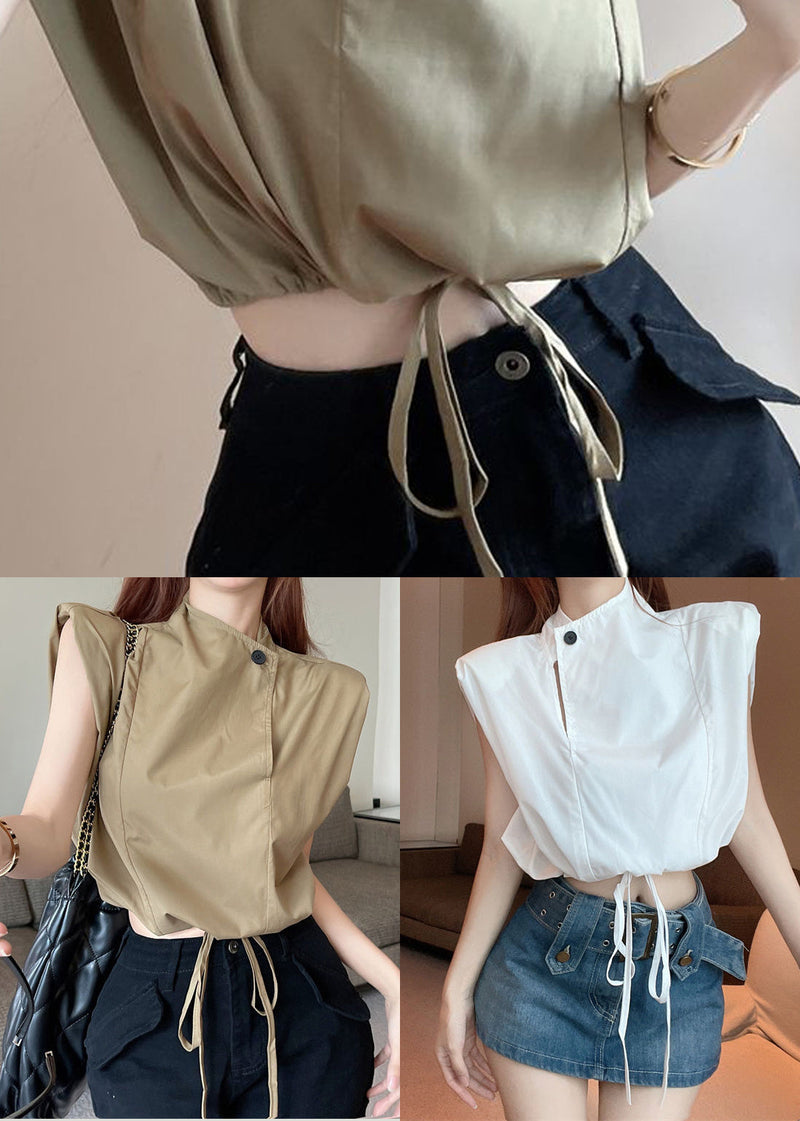 White Stand Collar Drawstring Cotton Blouse Top Sleeveless