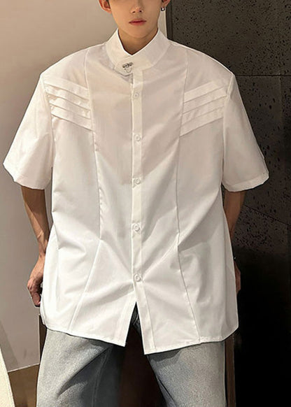 White Stand Collar Wrinkled Cotton Shirts Summer