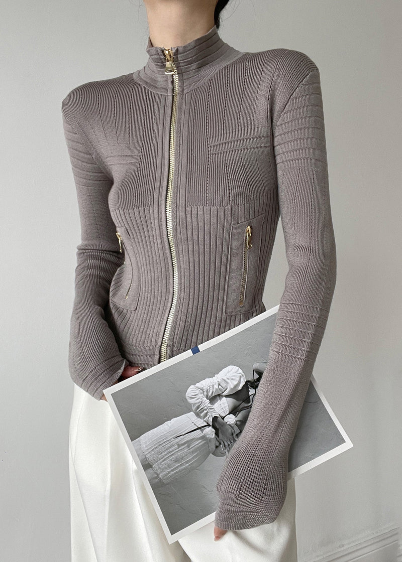 White Stand Collar Zip Up Patchwork Woolen Knit Cardigans Winter