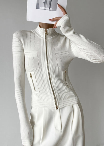 White Stand Collar Zip Up Patchwork Woolen Knit Cardigans Winter