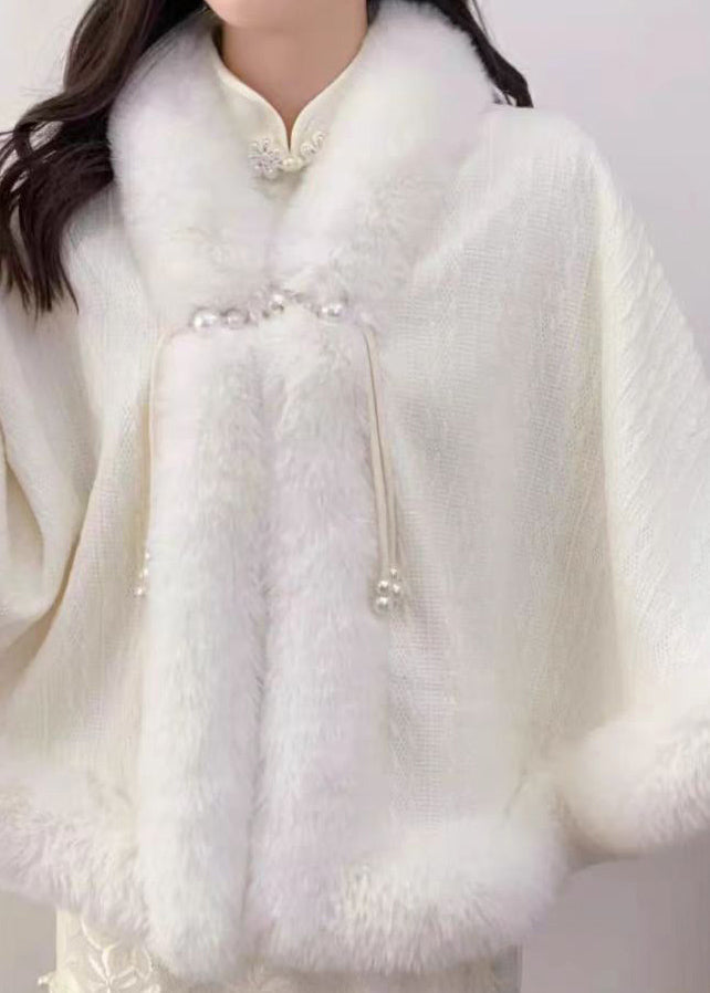 White Tassel Fur Collar Patchwork Warm Fleece Cape Spring
