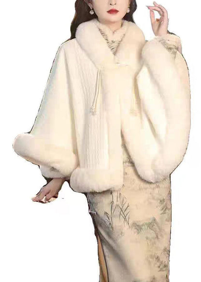 White Tassel Fur Collar Patchwork Warm Fleece Cape Spring