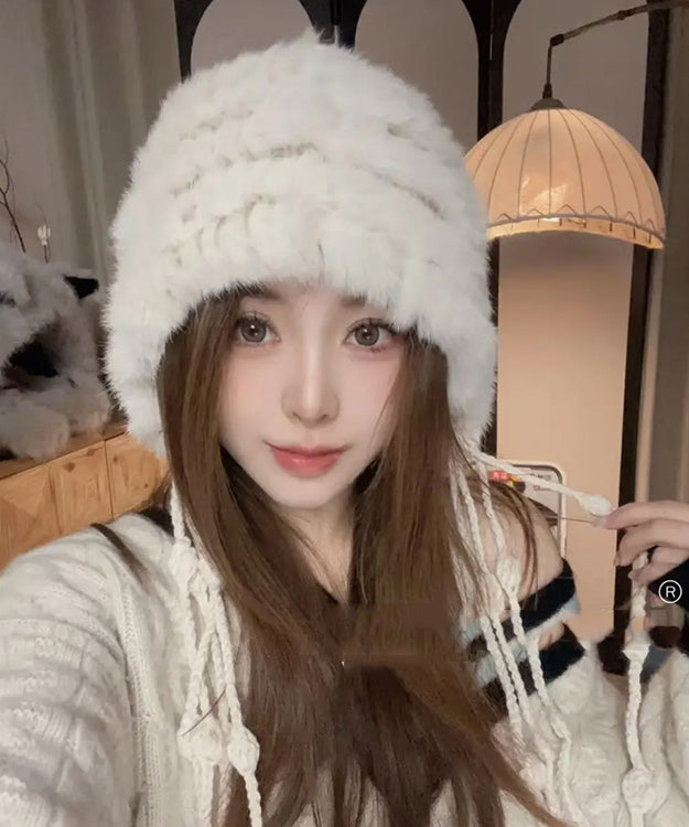 White Tassel Rabbit Wool Knit Bonnie Hat