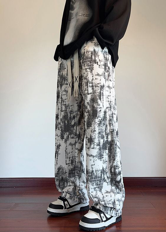 White Tie Dye Elastic Waist Warm Fleece Pants Spring