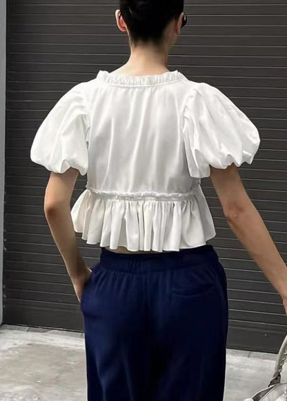 White U Neck Ruffled Cotton Shirt Puff Sleeve