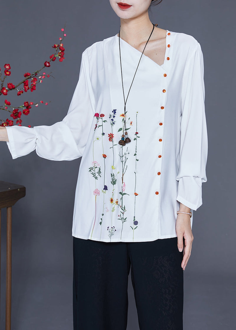 White V Neck Asymmetrical Print Chiffon Shirt Spring
