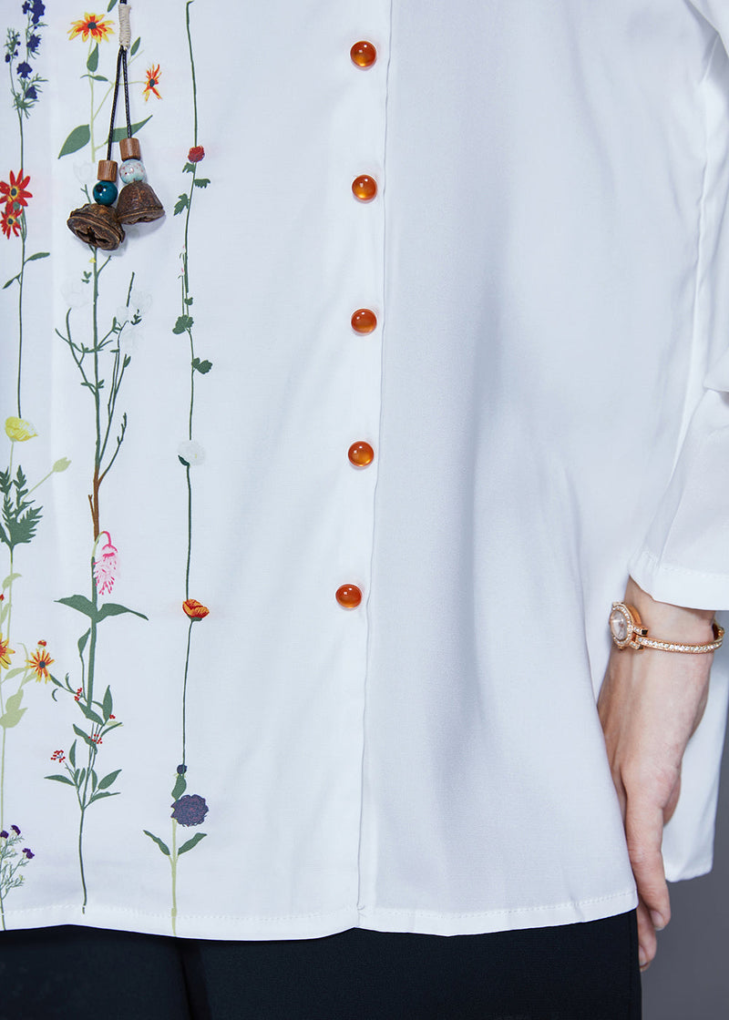 White V Neck Asymmetrical Print Chiffon Shirt Spring