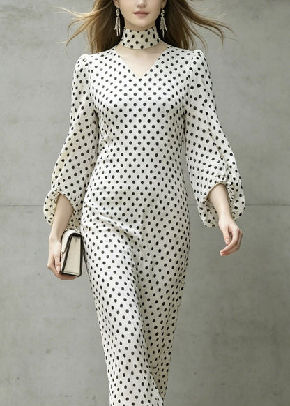 White V Neck Dot Print Chiffon Dresses Lantern Sleeve