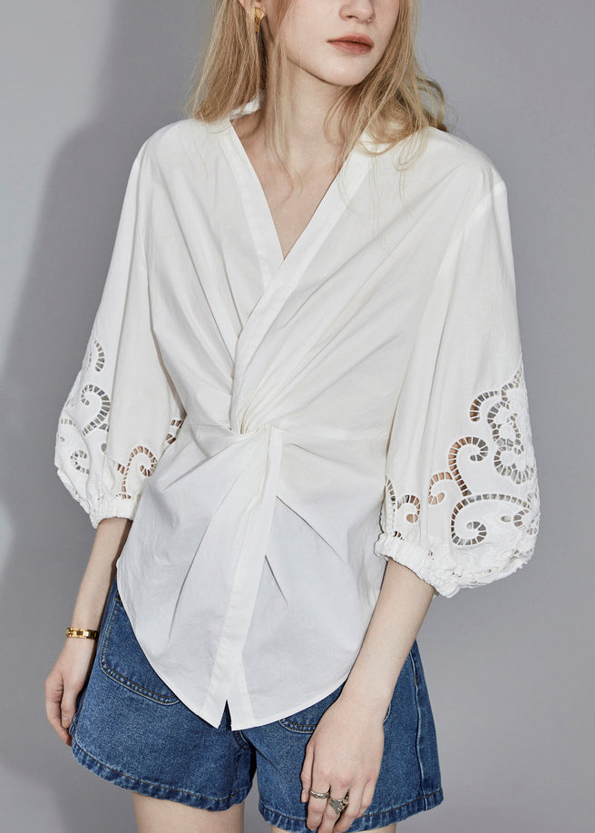 White V Neck Hollow Out Cotton Blouses Bracelet Sleeve