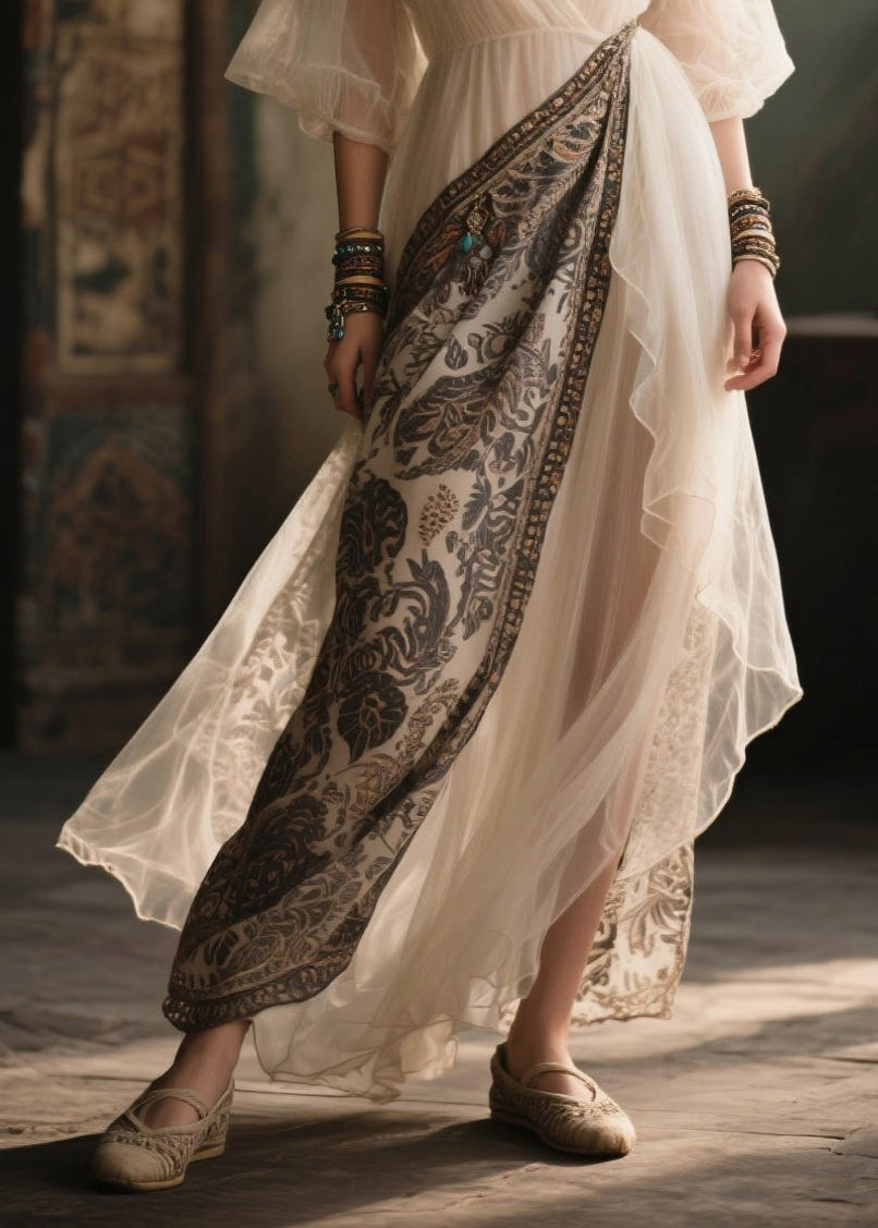 White V Neck Patchwork Chiffon Holiday Dress Summer