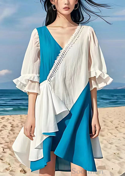 White V Neck Patchwork Cotton Dress Butterfly Sleeve