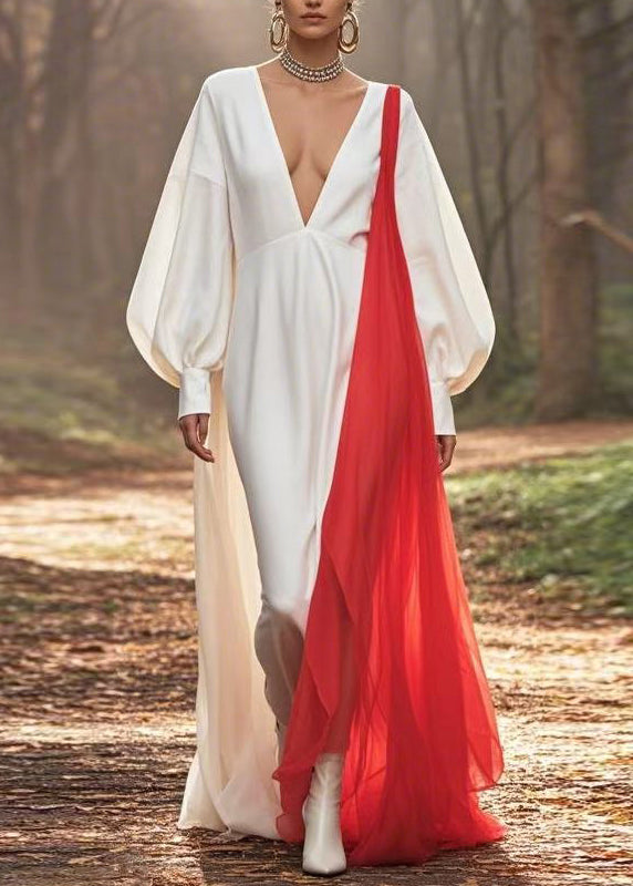 White V Neck Patchwork Silk Dress Lantern Sleeve
