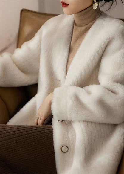 White V Neck Pockets Patchwork Wool Coats Winter