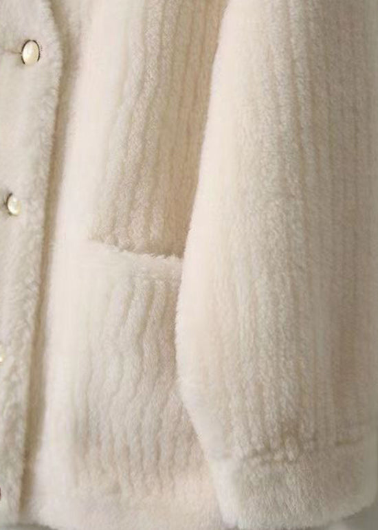 White V Neck Pockets Patchwork Wool Coats Winter