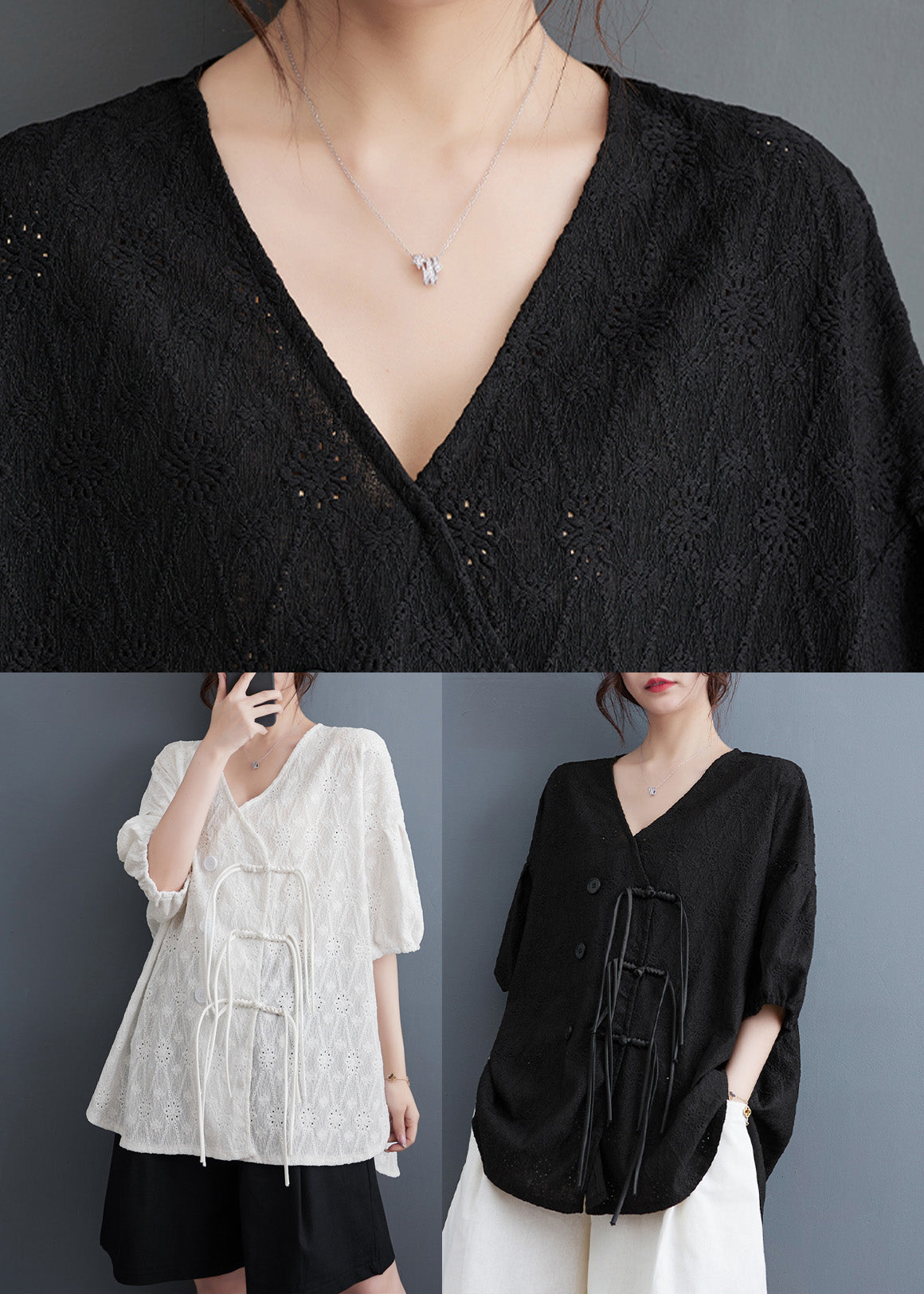 White V Neck Print Tassel Lace Shirt Summer
