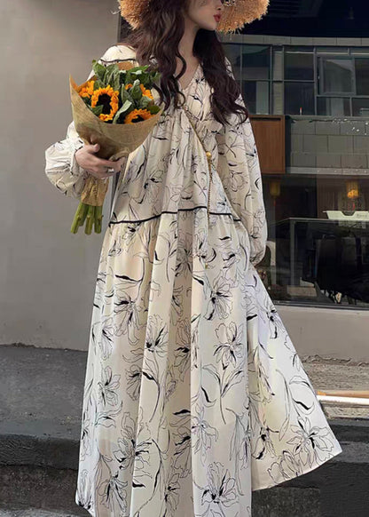 White V Neck Print Wrinkled Patchwork Cotton Long Dresses Fall