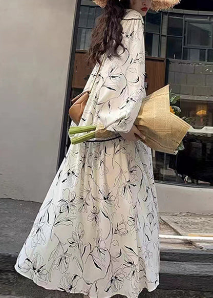 White V Neck Print Wrinkled Patchwork Cotton Long Dresses Fall