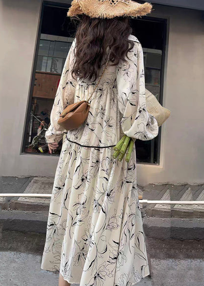 White V Neck Print Wrinkled Patchwork Cotton Long Dresses Fall
