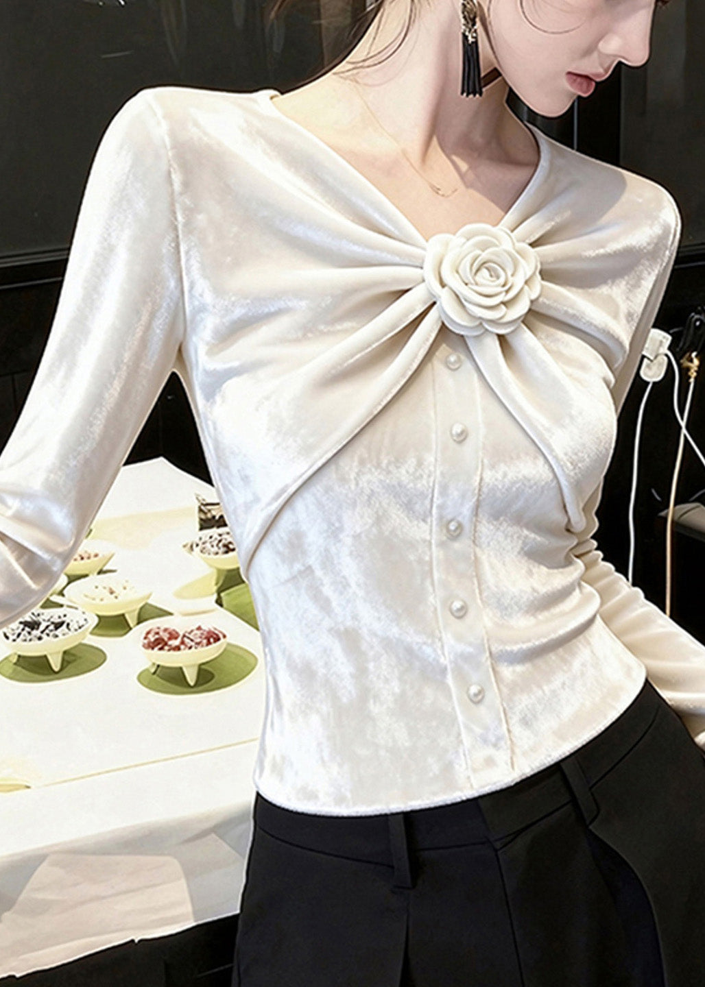 Chic White V Neck Rose Wrinkled Silk Velour Tops Spring