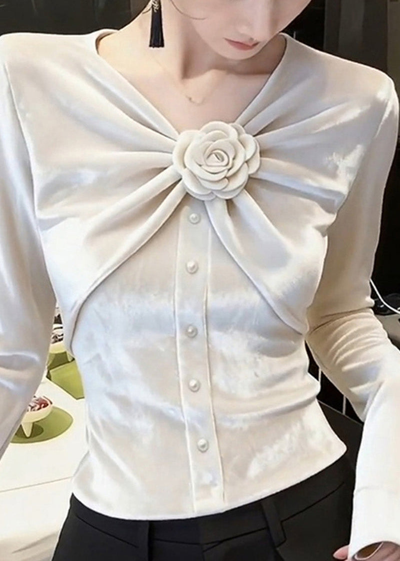 White V Neck Rose Wrinkled Silk Velour Tops Spring