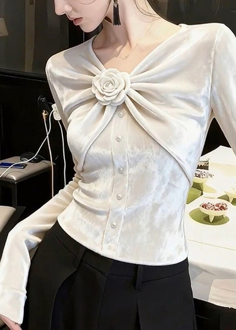 White V Neck Rose Wrinkled Silk Velour Tops Spring