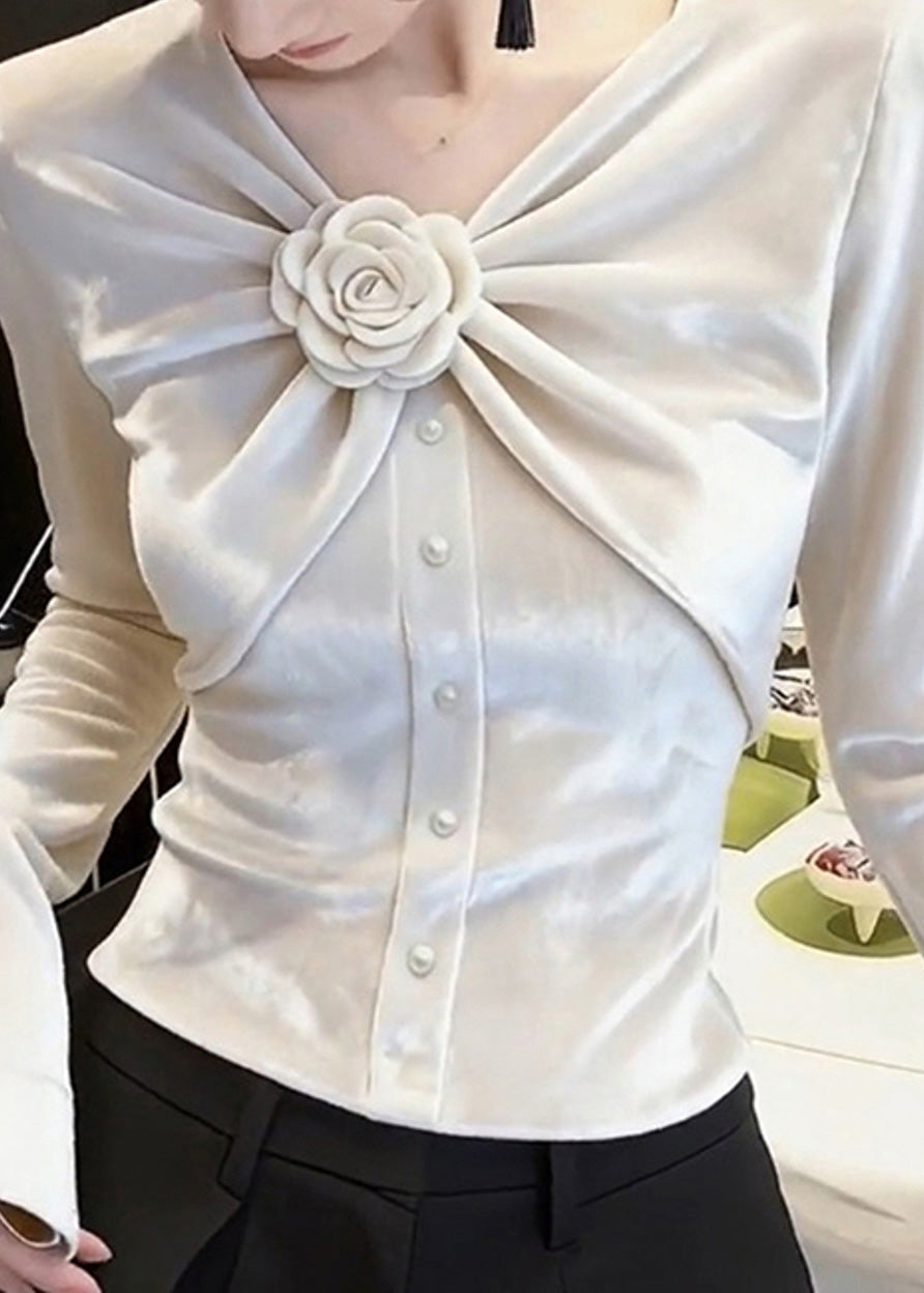 Chic White V Neck Rose Wrinkled Silk Velour Tops Spring