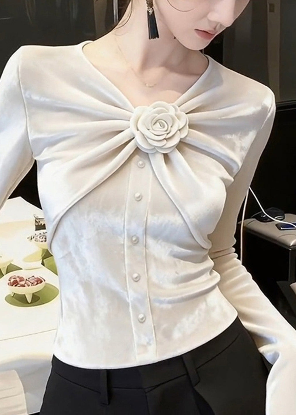 Chic White V Neck Rose Wrinkled Silk Velour Tops Spring