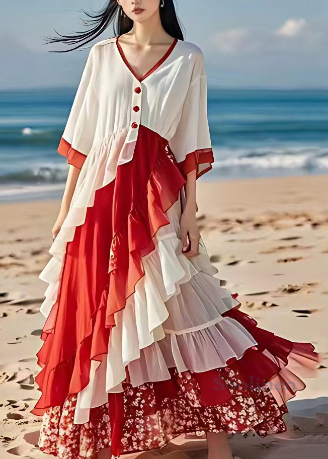 White V Neck Ruffled Patchwork Wrinkled Chiffon Maxi Dress Summer