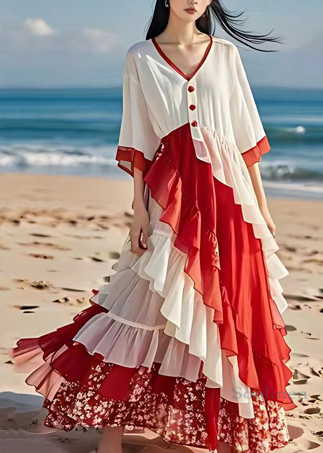 White V Neck Ruffled Patchwork Wrinkled Chiffon Maxi Dress Summer