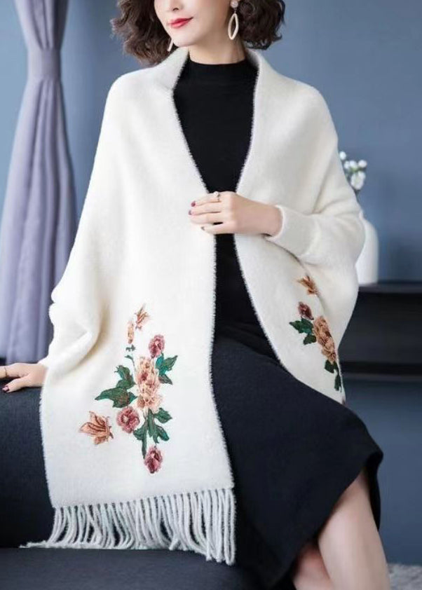 White V Neck Tasseled Patchwork Mink Velvet Cardigans Fall