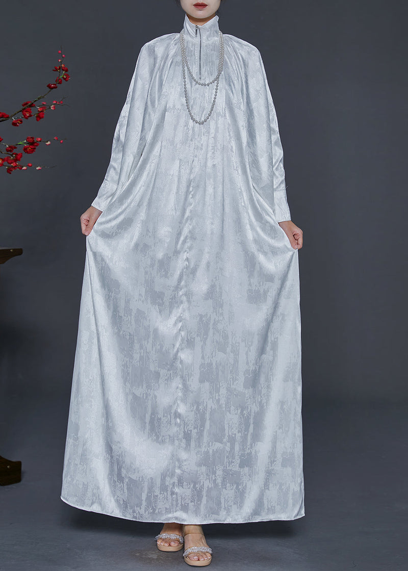 White Zip Up Jacquard Wear on Both Sides Silk Long Dress Fall