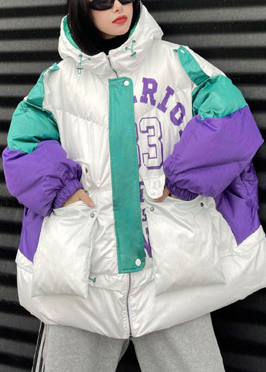White Hooded Graphic Warm Winter Cotton Winter Jacket