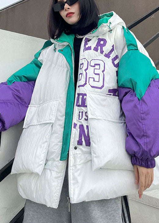 White Hooded Graphic Warm Winter Cotton Winter Jacket