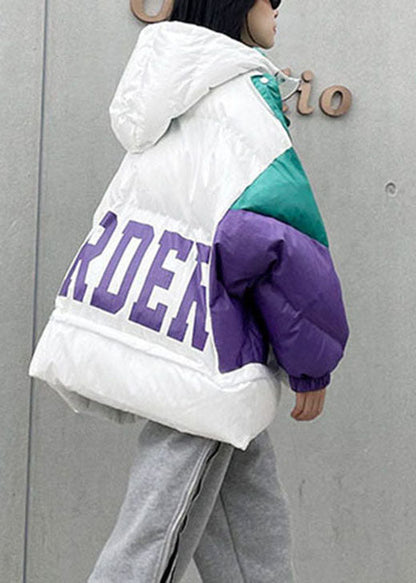 White Hooded Graphic Warm Winter Cotton Winter Jacket