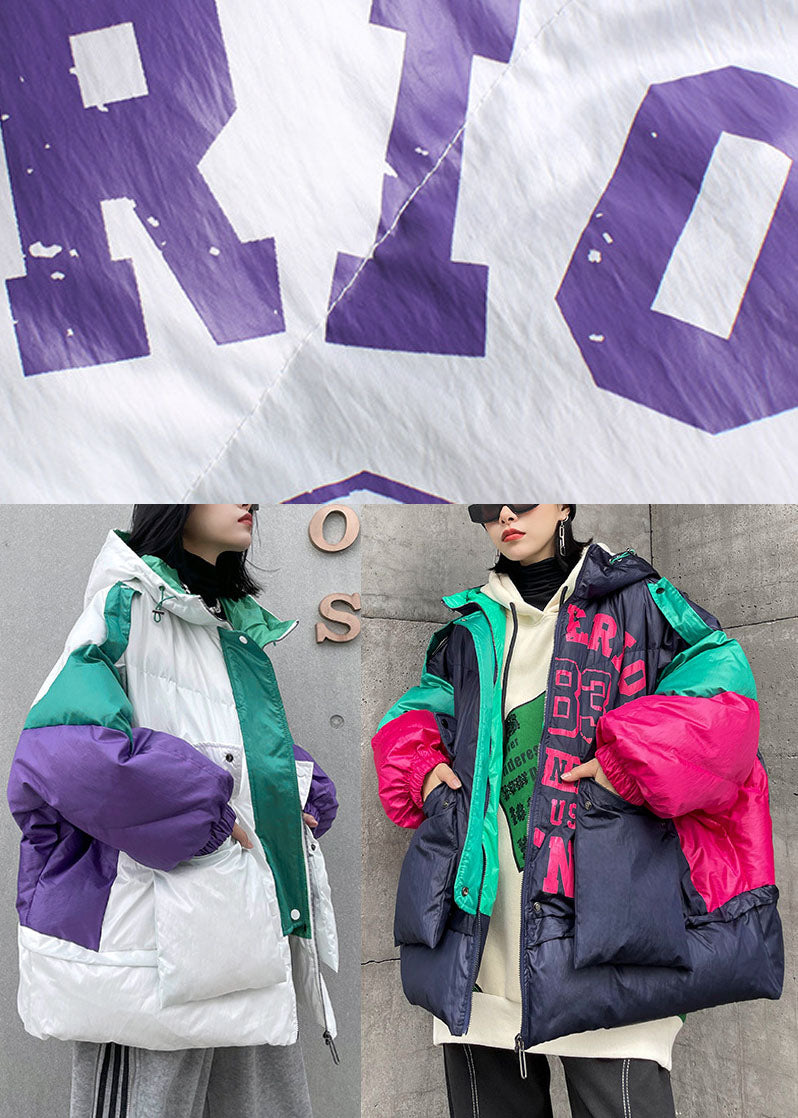 White Hooded Graphic Warm Winter Cotton Winter Jacket
