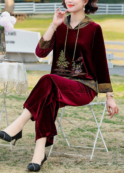 Wine Red Print Drawstring Hooded Silk Velour Top and Wide Leg Pants Two Pieces Set Fall