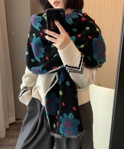 Wool Blend Three-dimensional Flower Embroidered Scarf