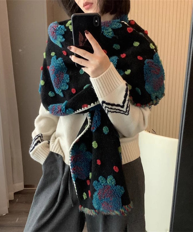 Wool Blend Three-dimensional Flower Embroidered Scarf