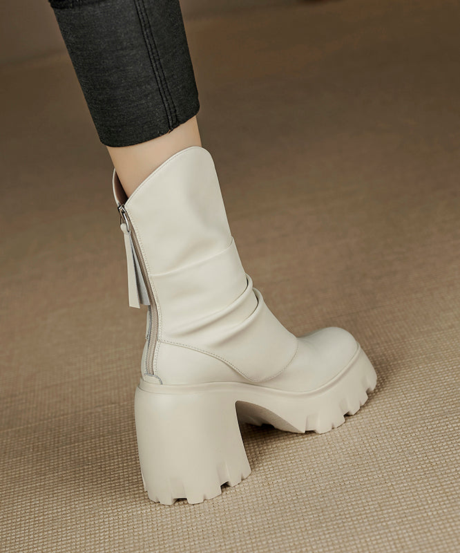 Wrinkled Zippered Splicing Chunky Boots Black Cowhide Leather