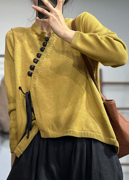 Yellow Asymmetrical Design Lace Up Knit Sweater Tops