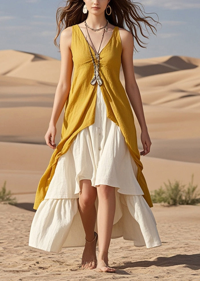 Yellow Asymmetrical Patchwork Cotton Beach Dresses Summer
