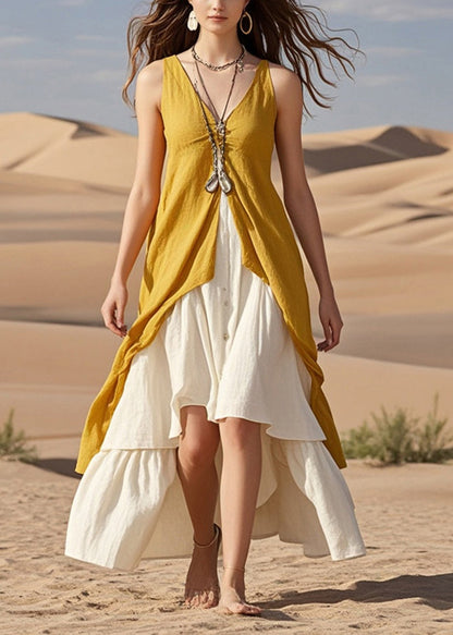 Yellow Asymmetrical Patchwork Cotton Beach Dresses Summer