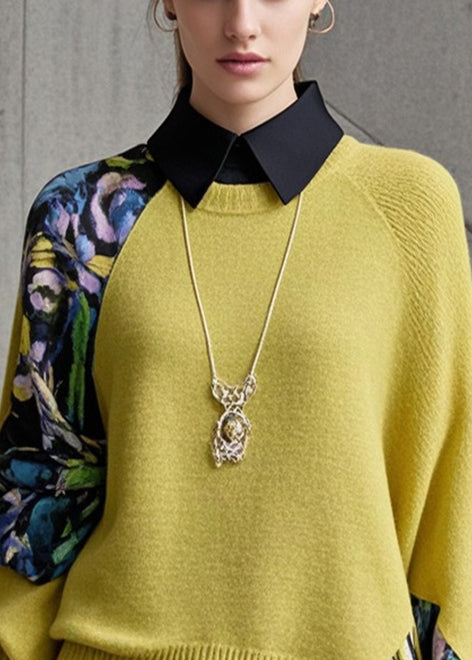 Yellow Asymmetrical Patchwork Fake Two Piece Knit Shirts Fall