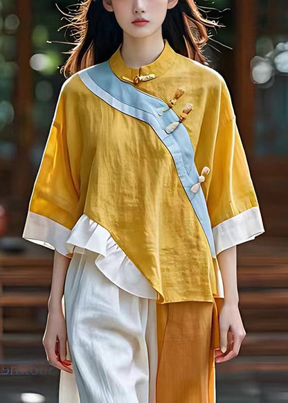 Yellow Asymmetrical Patchwork Linen Oriental Top Summer