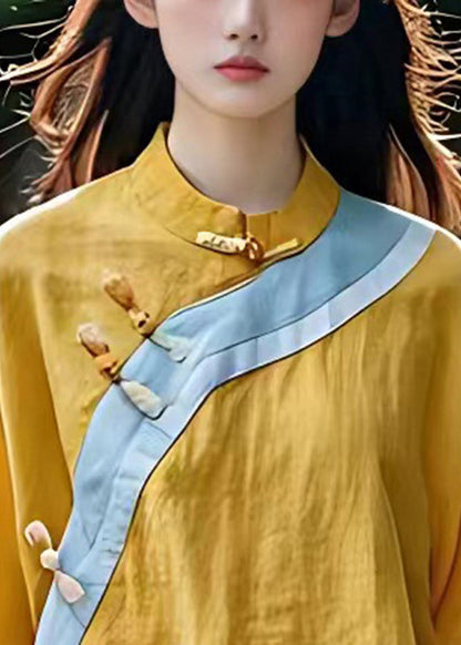 Yellow Asymmetrical Patchwork Linen Oriental Top Summer