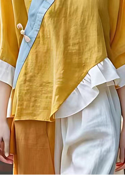 Yellow Asymmetrical Patchwork Linen Oriental Top Summer