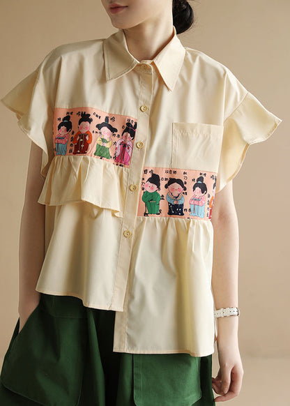 Yellow Asymmetrical Patchwork Ruffles Print Cotton Blouse Top Short Sleeve